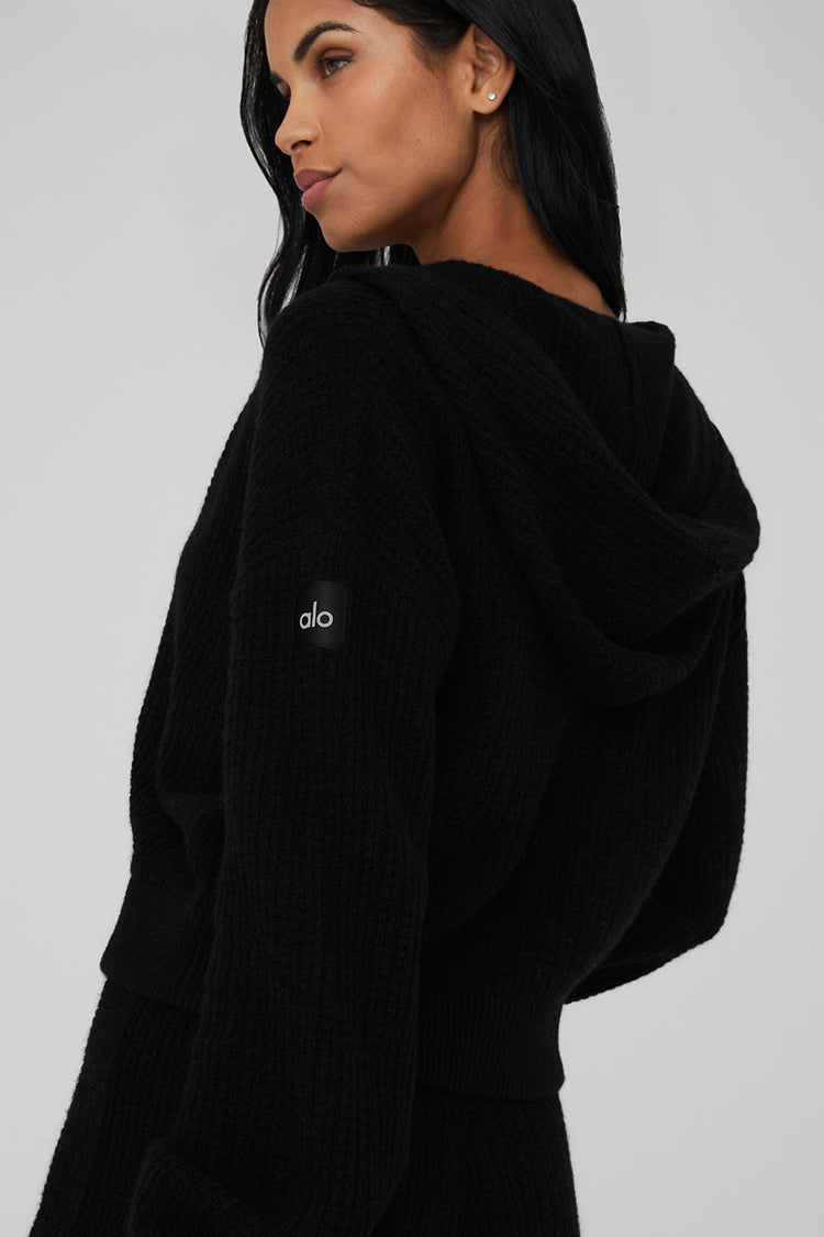 Sudadera con capucha y cremallera completa de cachemira y felpa con diseño de gofre - Macadamia Blush